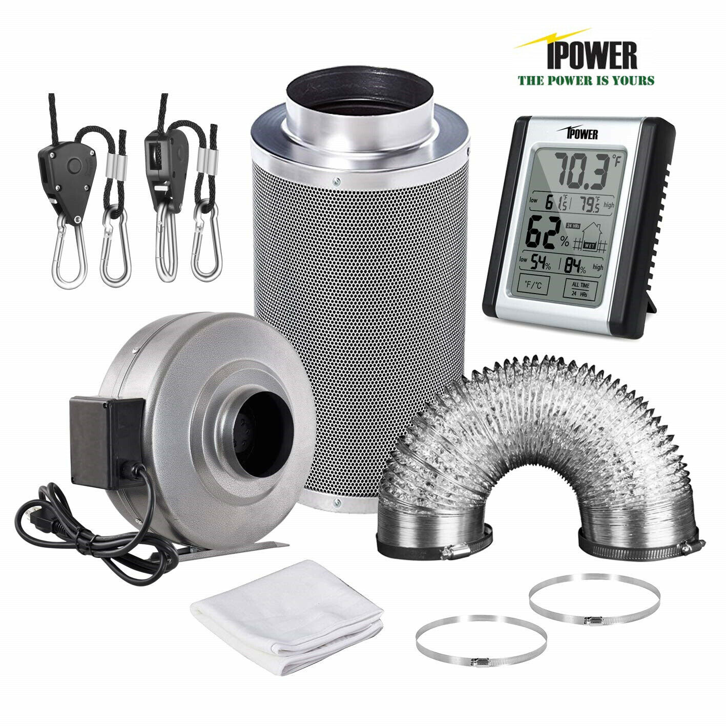 iPower 4''/6''/8'' Inch Inline Fan Carbon Filter Ducting & Humidity Monitor